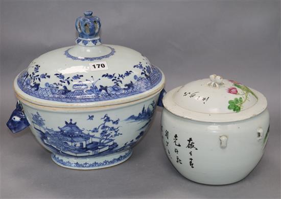 A Chinese famille rose kamcheng, Republic period and a Qianlong blue and white tureen and cover tallest 29cm